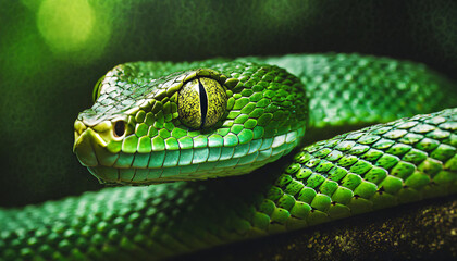 Obraz premium Green viper snake on branch. Green insularis snake face, dangerous animal closeup.