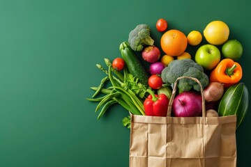 Shopping or delivery healthy food background. Healthy vegan vegetarian food in paper bag vegetables and fruits on green, copy space. Food supermarket and clean vegan eating concept - generative ai