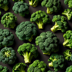 Green broccoli on a dark background in a pattern, creating a striking visual contrast.