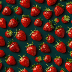 Red strawberries with green leaves on a dark background in a pattern, creating a striking visual contrast.