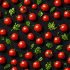 Red tomatoes with green leaves on a dark background in a pattern, creating a striking visual contrast.