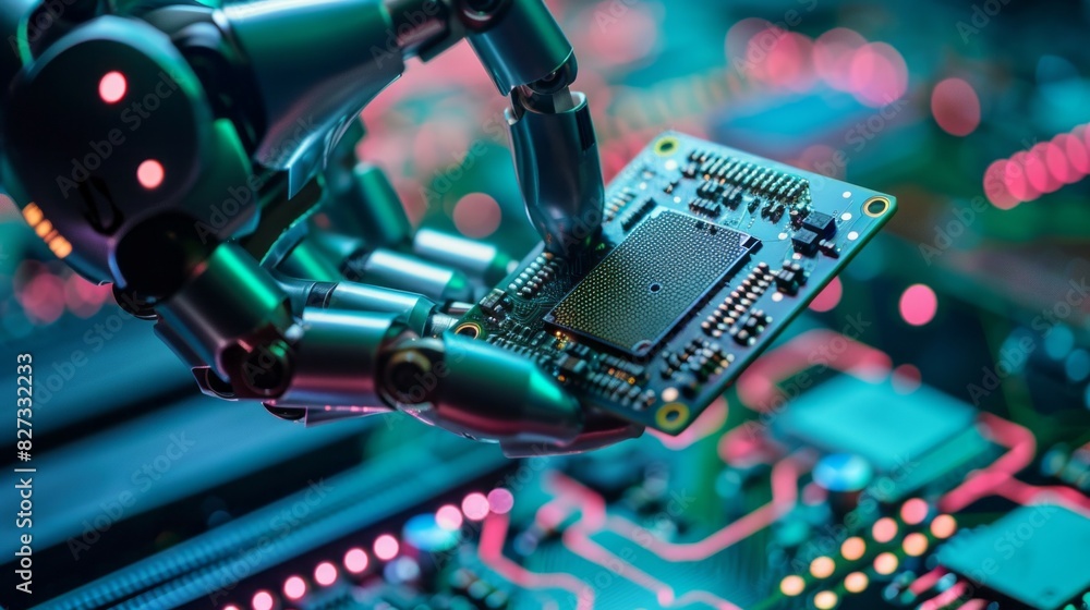 Poster a robot is holding a computer chip in its hand