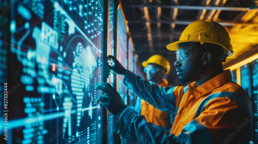 Poster A man in a yellow helmet is looking at a computer screen with a map of the world
