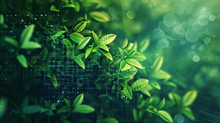 Dense cluster of green leaves with a bokeh effect in the background, overlaid with a digital circuit pattern that gives the impression of a fusion between nature and technology