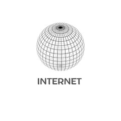 This vector illustration features a globe surrounded by digital and network symbols representing global connectivity
