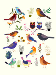 Set of cute cartoon bird on plant, trees, branch on background vector illustration. Bird and nature collection.