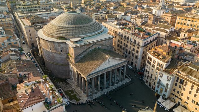 Aerial view of the scenic temple of Pantheon with the beautiful dome roof in Rome, Italy