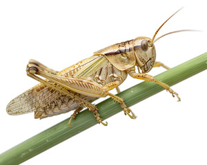 Fototapeta premium Grasshopper on a green tree branch on transparent background