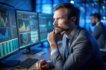 Fototapeta premium A man in a suit is staring at a computer screen with multiple monitors