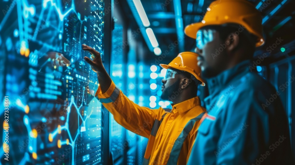 Poster two men in orange safety helmets are looking at a computer screen