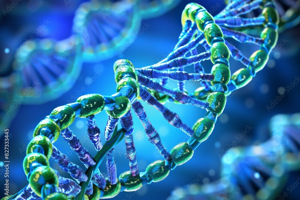 Poster dynamic green and blue dna helix with sparkling particle effects in a biological setting