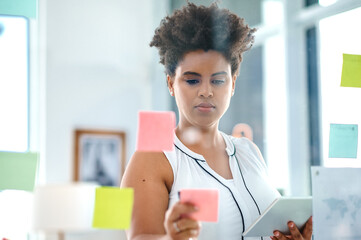 Businesswoman, sticky note and brainstorming idea for creative campaign, problem solving or...