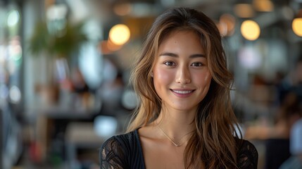 a smiling professional asian young businesswoman standing at her desk