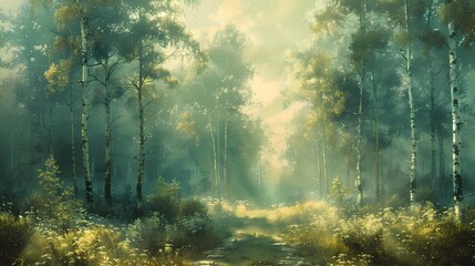 tranquil forest scene with trees in soft fluffy hues of light green and pastel yellow