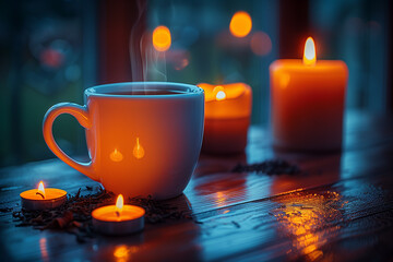 Cozy Candlelit Tea Time with a White Mug