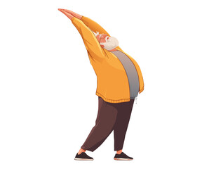 Senior man going exercise, stretching in break. Workout for flexibility and relaxation, maintaining health. Elderly person moves towards longevity, healthy lifestyle. Vector cartoon illustration