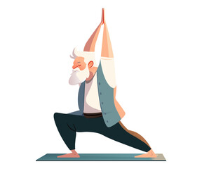 Senior man going exercise, stretching, practicing Pilates. Sports for flexibility, relaxation, maintaining health. Elderly person moves towards longevity, healthy lifestyle. cartoon illustration