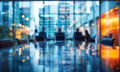 Obraz premium Blurred Vision of Corporate Team Engaged in Strategic Discussion Behind Glass in Modern Office at Dusk