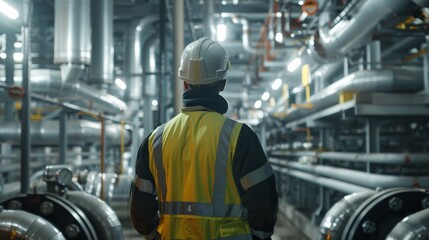 Engineer wearing hard hat and safety vest inspecting industrial machinery