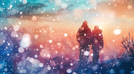 Snowy landscape, close up, focus on, copy space, vibrant colors, Double exposure silhouette with snowflakes