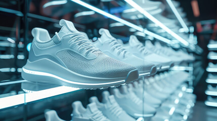 stylish fashionable sports sneakers on a shelf in a store, futuristic design, shoes, boots, fashion, footwear, casual attire, display window, shoe, model, pair, fitness, sneaker, showcase, market