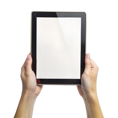 Hand Holding Tablet &ndash; Top Down View: A top-down view of a hand holding a tablet with a blank screen, isolated on a white background.
