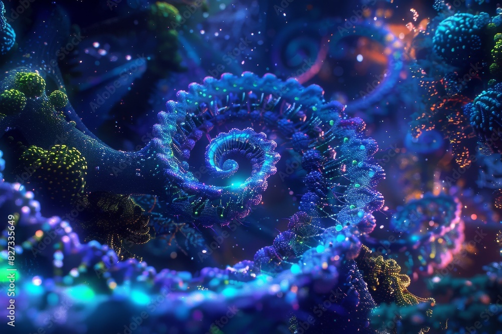 Poster spiral dna structure in a magical cosmic swirl, representing the mysteries of genetic coding and evo