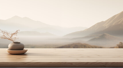 Product podium in a harmonious korean interior against a backdrop of a beautiful Japanese landscape.