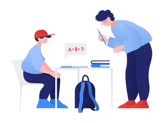 Mom helps son to do homework