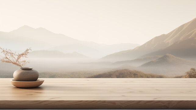 Product podium in a harmonious korean interior against a backdrop of a beautiful Japanese landscape.