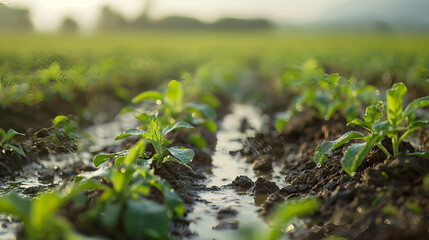 Young leafy plants growing in moist soil with soft sunlight filtering through, evoking freshness and growth