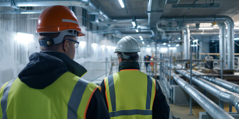 Two professionals in hard hats are standing in an industrial plant, looking at equipment and facilities