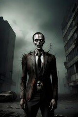 Naklejka premium a an illustration digital painting of a scarey evil zombie wearing a suit with a destroyed city in thr background, Undead, Horror, Apocalyptic, Ruins, Darkness, Fearsome, Grotesque, Menacing, Nightmar