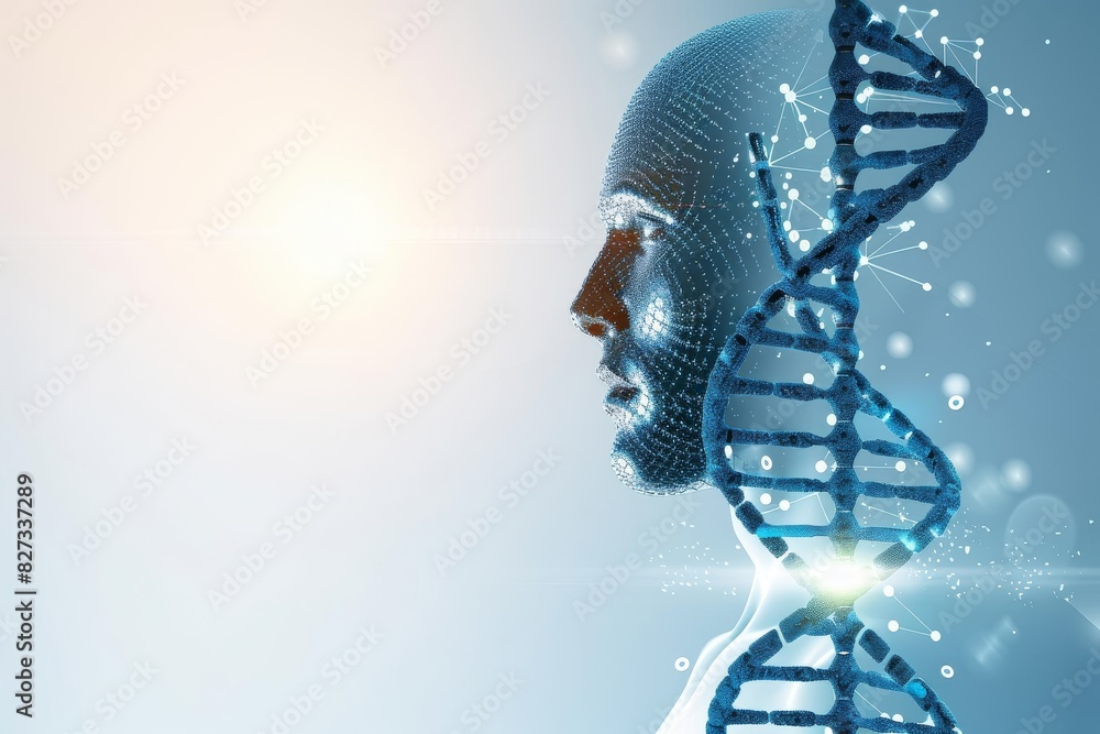 Poster cybernetic dna interface blending with a human profile, visualizing the fusion of technology and bio