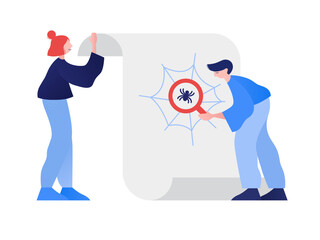 Woman holding a scroll and man finding a spider