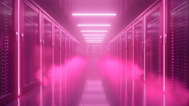 A data center full of pink glowing server racks. The racks are arranged in long rows, with a wide aisle running down the middle. Overhead, the ceiling is lined with bright lights.