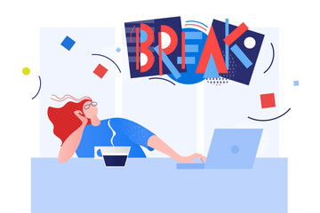 Woman with laptop and break lettering
