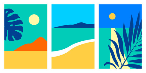 Summer nature landscape poster. Set of isolated cards with sea view at night, sunny beach, mountains with tropical leaves. Vector illustration in minimalist flat style