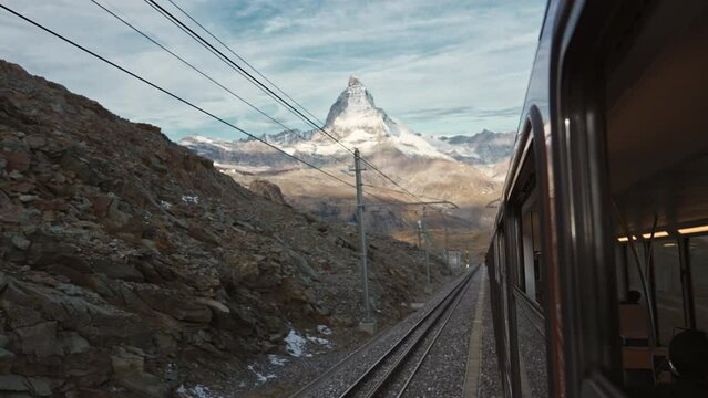View from the train running through iconic matterhorn mountain at Zermatt, Switzerland