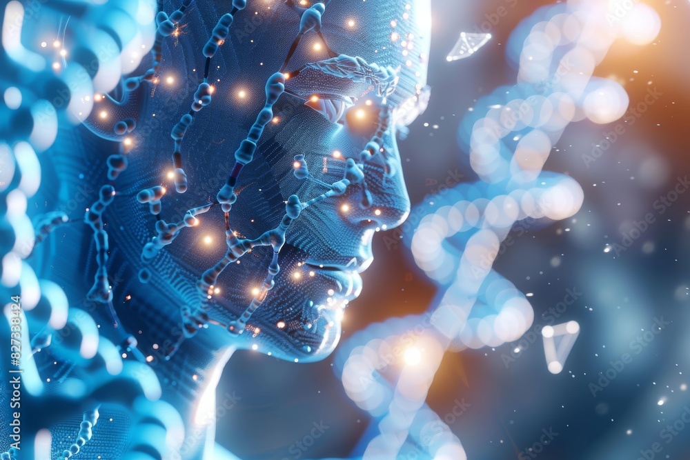 Poster close up of a man's face with a network of dna mapping, showcasing the fusion of identity and geneti
