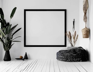 Mockup black poster frame and accessories decor in the cozy white interior background
