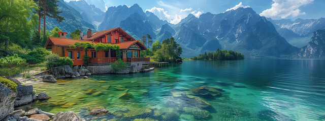 Serene serenity: a house on the shore of a mountain lake. Landscape