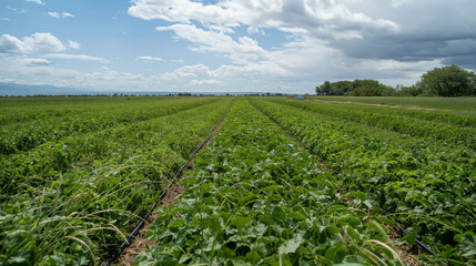 Fototapeta premium A vast, green agricultural field stretching towards the horizon, under a partly cloudy blue sky. It represents the beauty of nature and the vastness of open landscapes.