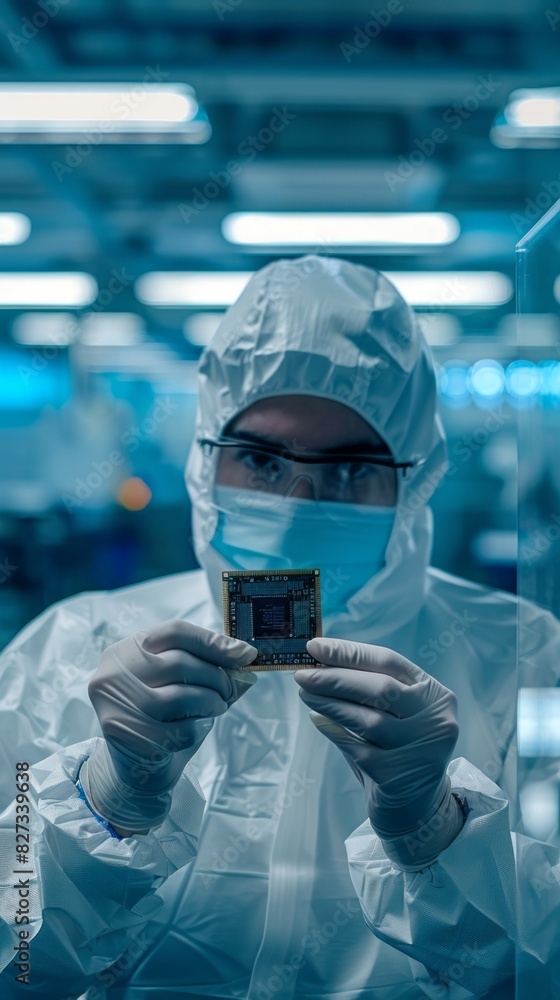 Poster a man in a white lab coat is holding a computer chip