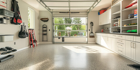 Spacious and clean garage interior illuminated by daylight with an open door