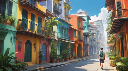 Fototapeta premium A photo collage style art of tropical city with colorful buildings and bright graphic elements, summer concept 