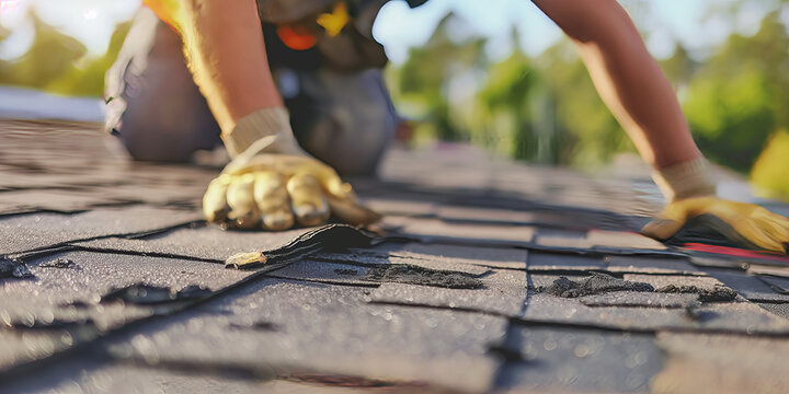 A worker wearing gloves is performing maintenance or repair works on a black shingle roof, possibly fixing damaged shingles or sealing leaks