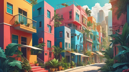 Fototapeta premium A photo collage style art of tropical city with colorful buildings and bright graphic elements, summer concept 