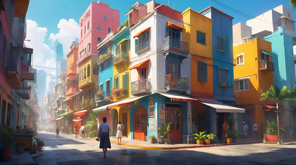 Fototapeta premium A photo collage style art of tropical city with colorful buildings and bright graphic elements, summer concept 