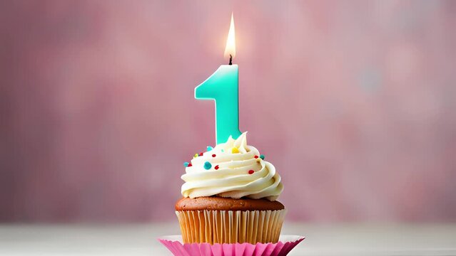 Birthday cupcake with lit birthday candle. Number one for one year or first anniversary.